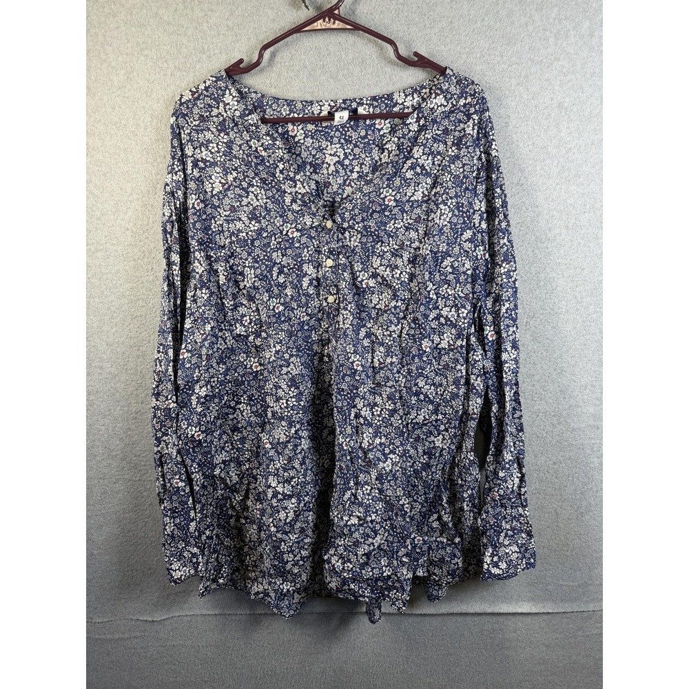 Old Navy Blouse Womens 4X Blue Floral‎ Henley Long Sleeve Tunic Plus Top